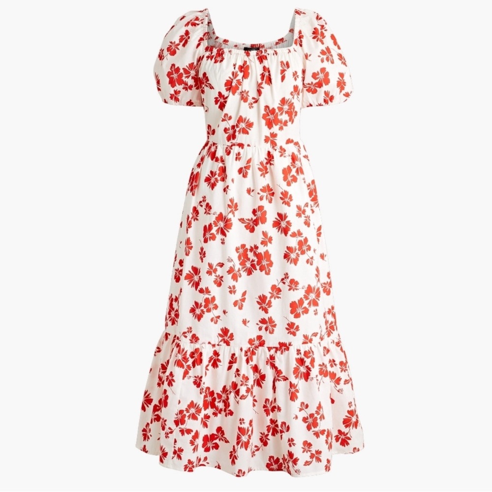 J. Crew Floral Puff Sleeve Tiered Red and White Square Neck Midi Dress Size 0